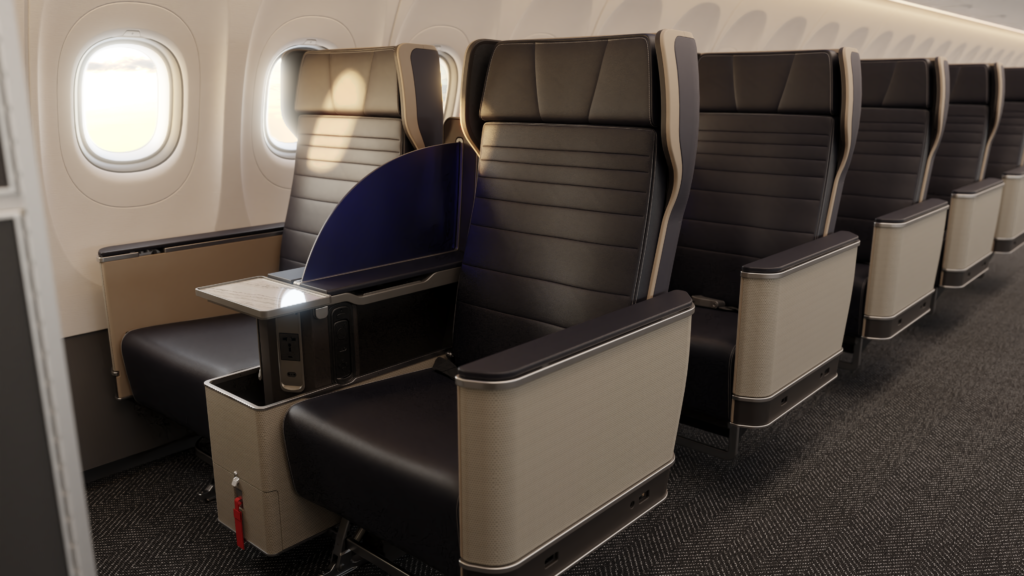 The new United domestic First Class seat with Vegan leather. 